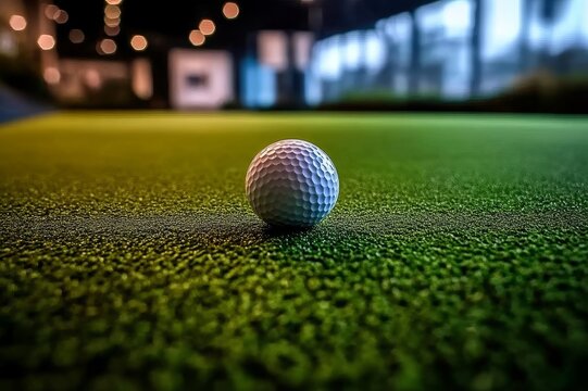 Golf ball on indoor green at a golf practice facility during evening hours