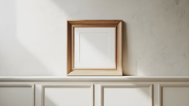 Square wooden picture frame mockup leaning on a classic wall with molding