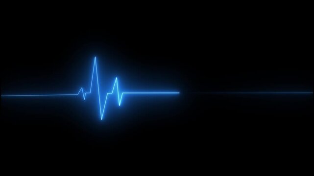 Glowing blue ekg heartbeat monitor line animation on black background, heart rate pulse