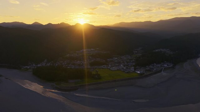 Sunset Aerial Drone Shot of Hongu-cho, Kumano Kodo Pilgrimage Route, Wakayama, Japan　熊野古道 中辺路「本宮町の夕景」和歌山県田辺市