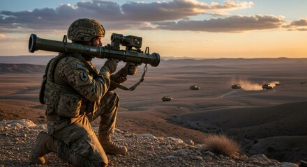 Fototapeta premium Soldier aiming antitank weapon at armored vehicle in desert. Man in military uniform participating in war conflict. Defense operation and tactical combat mission during sunset sky.