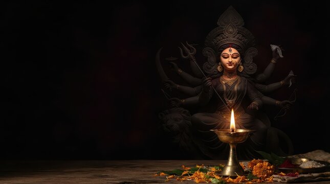 Statue of Hindu goddess Durga with multiple arms and a lit diya on a dark background hinduism idol