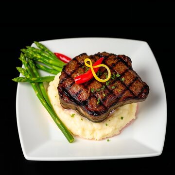 A perfectly grilled beef steak served with creamy mashed potatoes and fresh green asparagus spears