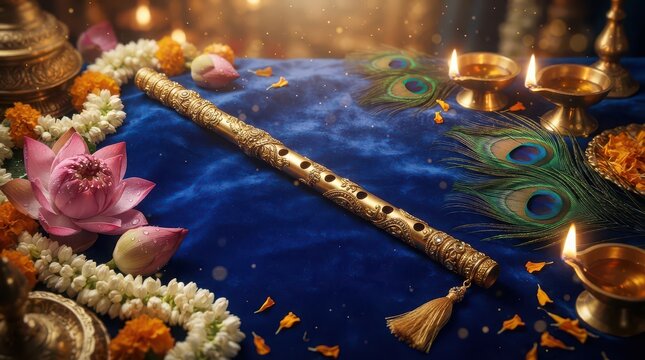 Ornate golden flute with lotus flowers peacock feathers and diyas on blue velvet bansuri krishna