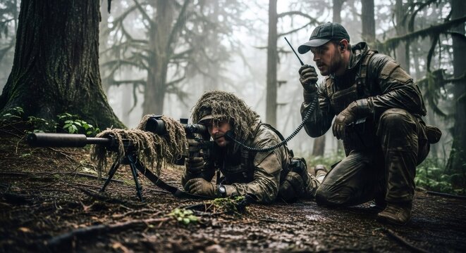 Sniper and spotter lying prone in rainy forest. Military soldier camouflage in ghillie suit aiming rifle. Tactical commando using radio during combat mission. Infantry warfare teamwork.