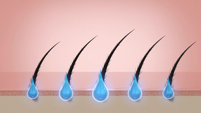 Damaged Hair Strands Repair with Cosmetics Serum Shampoo Drops and Glowing Circles - 3d 4k Animation (3840 x 2160 px)
