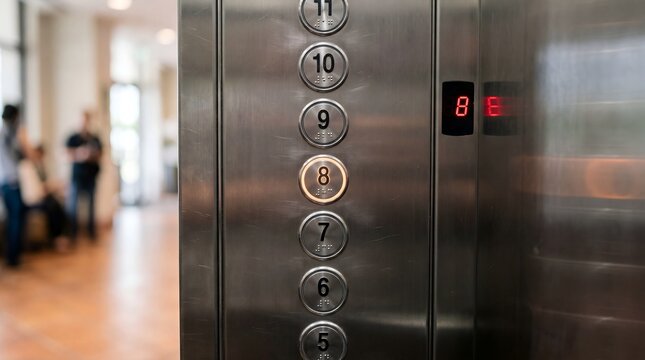 Modern elevator control panel with glowing buttons and floor numbers in tall commercial building