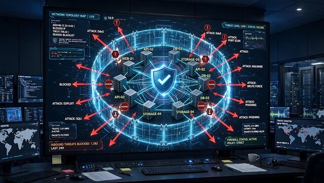 Cybersecurity Operations Center Displaying Network Attack Map and Data Protection