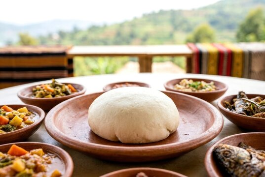 Traditional Rwandan Ugali served with authentic side dishes in clay plates against a scenic outdoor background