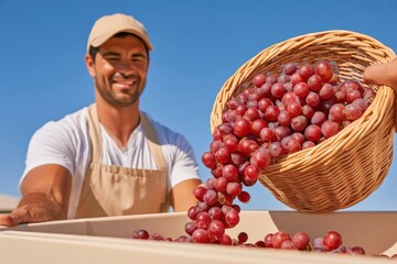 Obraz premium Red grapes poured from wicker basket into harvest container with smiling worker in background