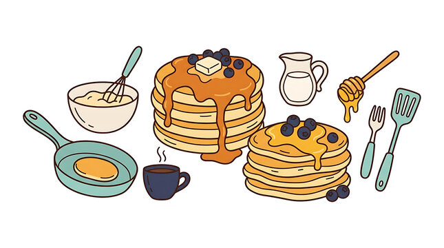 Stack of delicious blueberry pancakes with breakfast cooking tools