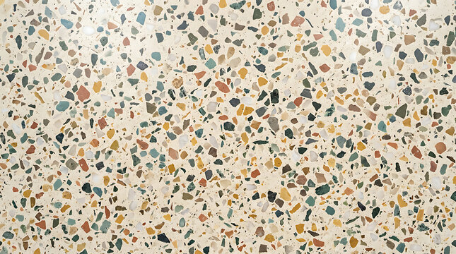 Close-up view of a terrazzo flooring surface showcasing multicolored aggregate chips in a smooth cement matrix with intricate