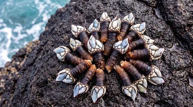 Fresh Cape Verde Percebes Barnacles Arranged in a Circle on Wet Volcanic Rock by the Ocean
