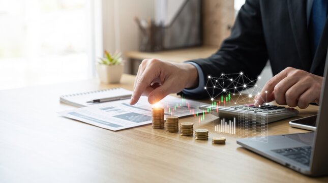 Financial analyst calculating investment growth with coins stacked like bar chart, analyzing stock market trends on calculator and laptop, wealth management and economic planning
