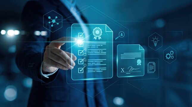 Business professional signing digital contract on virtual screen, electronic document verification process with checklist and security seal icons representing legal agreement