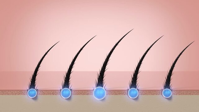 Damaged Hair Strands Repair with Cosmetics Serum Shampoo Round Drops - 3d 4k Animation (3840 x 2160 px)