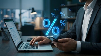 Fototapeta premium Businessman analyzing data on laptop and phone in office