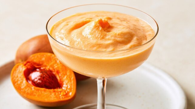 A creamy and smooth mamey sapote fruit mousse served in a coupe glass, accompanied by fresh whole and halved mamey sapote with a large seed.
