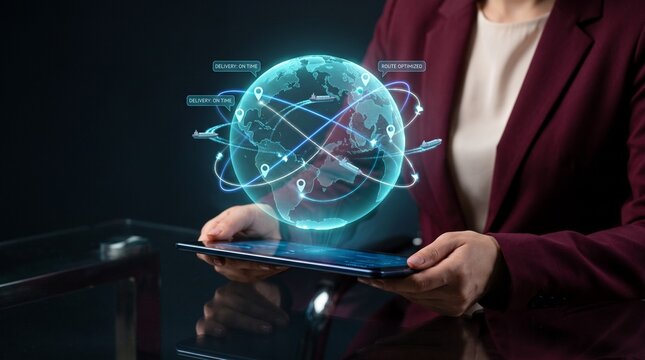 ai driven global logistics management and digital supply chain intelligence. businesswoman using tablet with holographic globe, real time delivery routes and international shipping network


