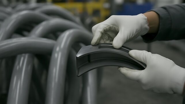 Industrial worker in white gloves inspecting a curved grey metal component on a factory production line with many identical parts in background