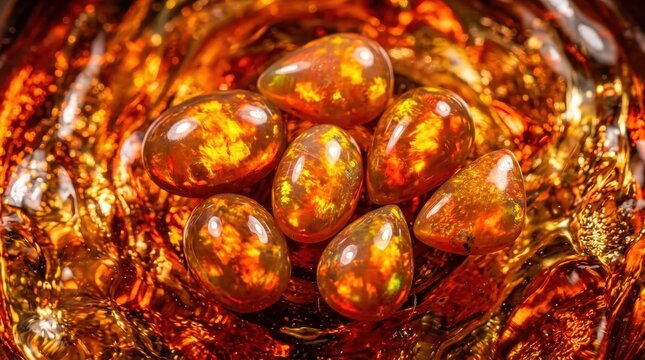 A collection of polished fire opals displaying vibrant internal fiery colors and warm hues, arranged in a textured display.