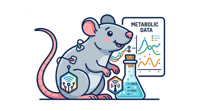 Laboratory rat with metabolic data chart and digital sensors for scientific research study.