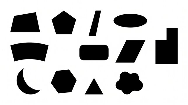 Minimalist geometric shapes set, black silhouette icons on white background, collection of 13 abstract vector elements for graphic design