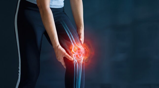 Man holding knee in pain with digital x-ray overlay showing bone structure, arthritis and joint injury concept, medical illustration for healthcare and orthopedics treatment