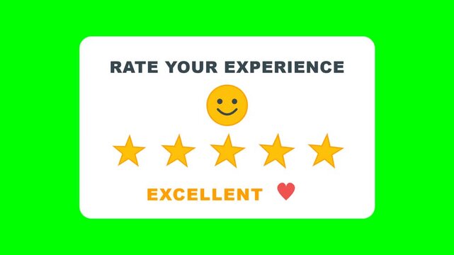 Rate your experience feedback card with five glowing golden stars and happy smiley face on green background