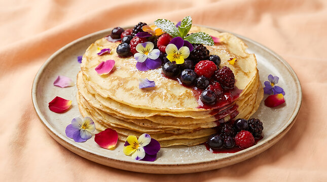 Stack of fresh pancakes topped with berries and edible flowers on a plate