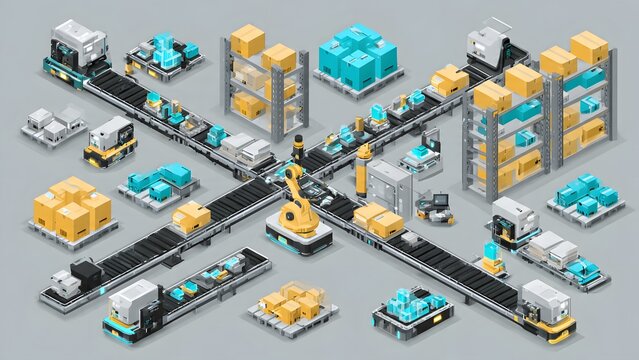 isometric warehouse automation system with conveyor belts robotic arms trucks and packages in blue yellow and gray colors
