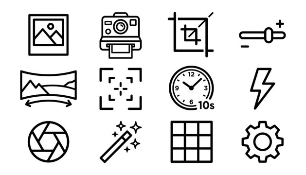Camera settings photo editing line icons set vector illustration for smartphone photography application interface digital picture gallery.