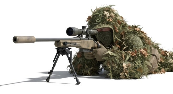 Sniper man in ghillie suit aiming with rifle from bipod. Military camouflage operator hiding in forest foliage for tactical stealth mission. Professional soldier in combat operation.