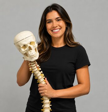 Female Physiotherapist Holding Human Skull and Cervical Spine Anatomical Model