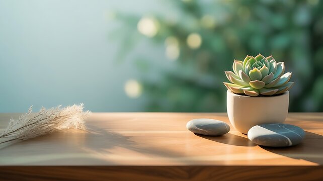 Small green succulent plant in a white ceramic pot with smooth grey stones on a wooden table with a blurred natural garden background view