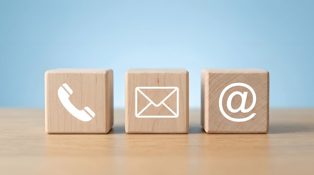 Wooden blocks with communication icons on a desk
