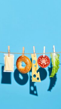 Build your own meal with bagel, cheese, tomato, lettuce on a clothesline, customizable healthy convenience food, personalized grab to go lunch, high protein snack, mindful eating, delivery