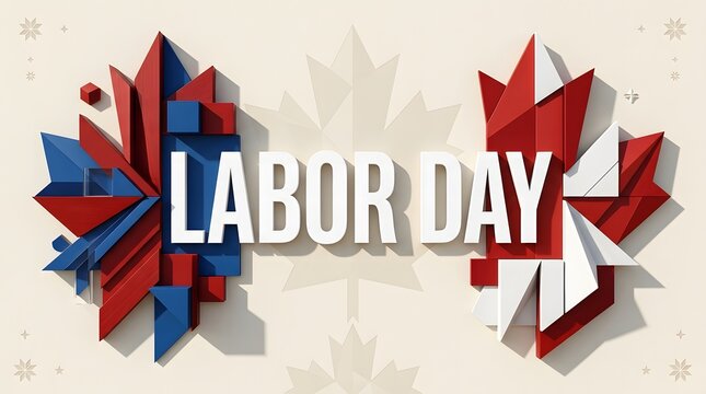 Labor day greeting featuring stylized red white and blue geometric maple leaves crafted in 3d render for a professional celebration