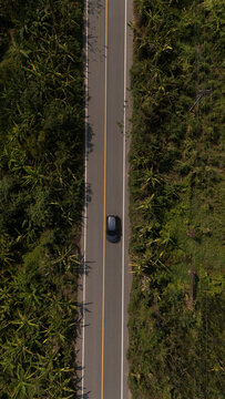 Aerial video of a rural road near a mountain with morning mist in Thailand.	