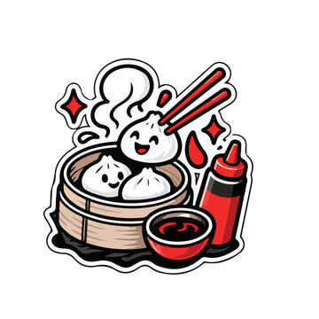 Cute Steamed Dumplings in Bamboo Steamer with Chopsticks and Sauce Sticker