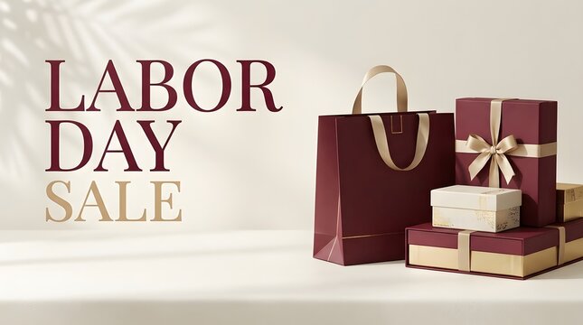 Labor day sale promotion featuring elegant burgundy shopping bags and premium gift boxes arranged on a clean light minimal surface
