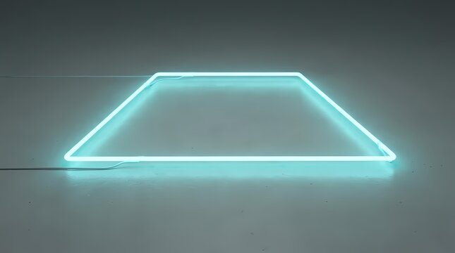 Glowing blue neon trapezoid frame on grey surface.