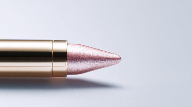 Metallic pink eye makeup stick in a gold tube, macro studio shot showing shimmer, smooth texture and luxe reflective finish