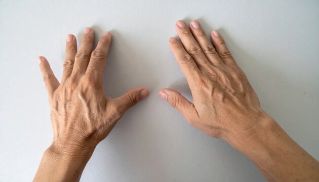 Two hands placed flat against a plain white wall.