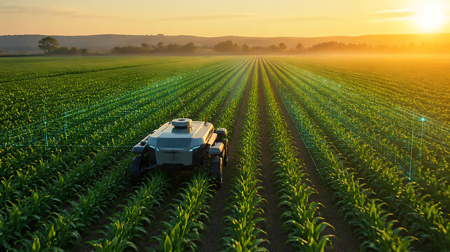 Smart farming agricultural robotics machine harvest drone field sunrise landscape rural technology scene shows autonomous robot vehicle working corn crop row at dawn