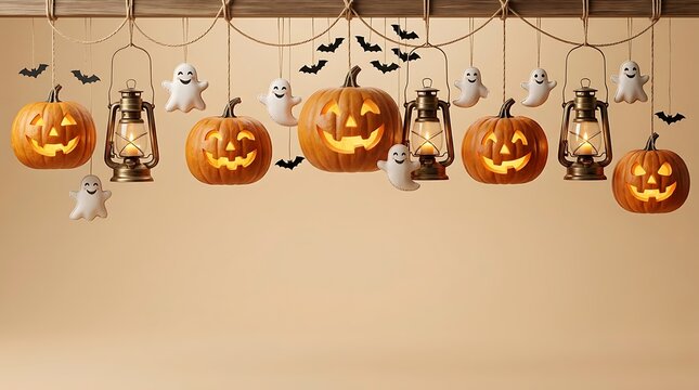 A captivating halloween scene featuring illuminated jack o' lanterns spectral ghosts and decorative lanterns suspended from above creating a spooky and festive ambiance for