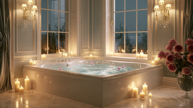Elegant bathroom featuring a bathtub filled with water and rose petals, surrounded by glowing candles for a romantic and relaxing spa experience