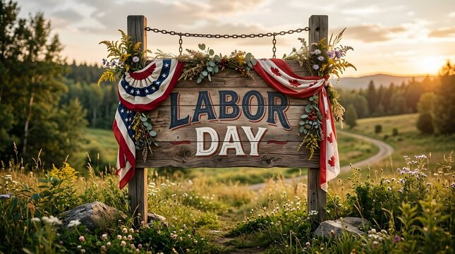 Rustic wooden sign displaying Labor Day text decorated with patriotic American and Canadian flags amidst a beautiful golden hour sunset landscape