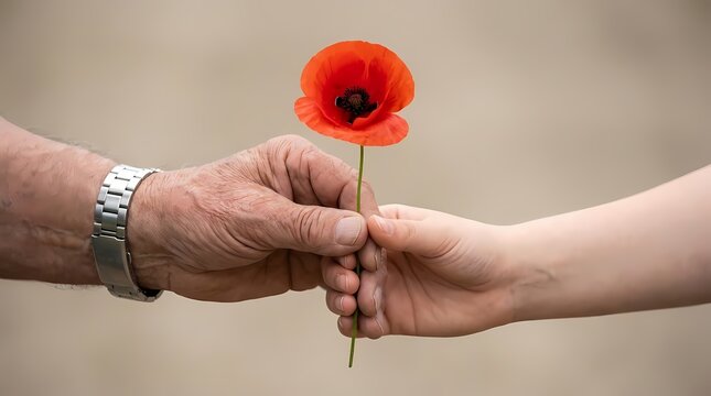 Hand giving red poppy flower to another person.