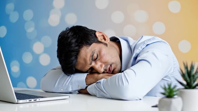 Young Man Exhausted Asleep At Desk With Laptop Blurred Bokeh Background
